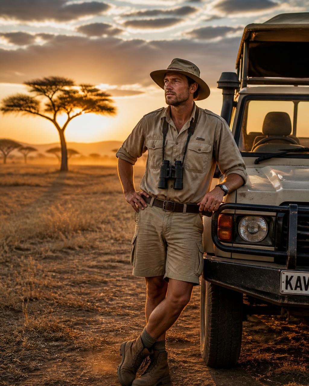 Professional hunting guide beside a Land Cruiser on the savanna at golden hour