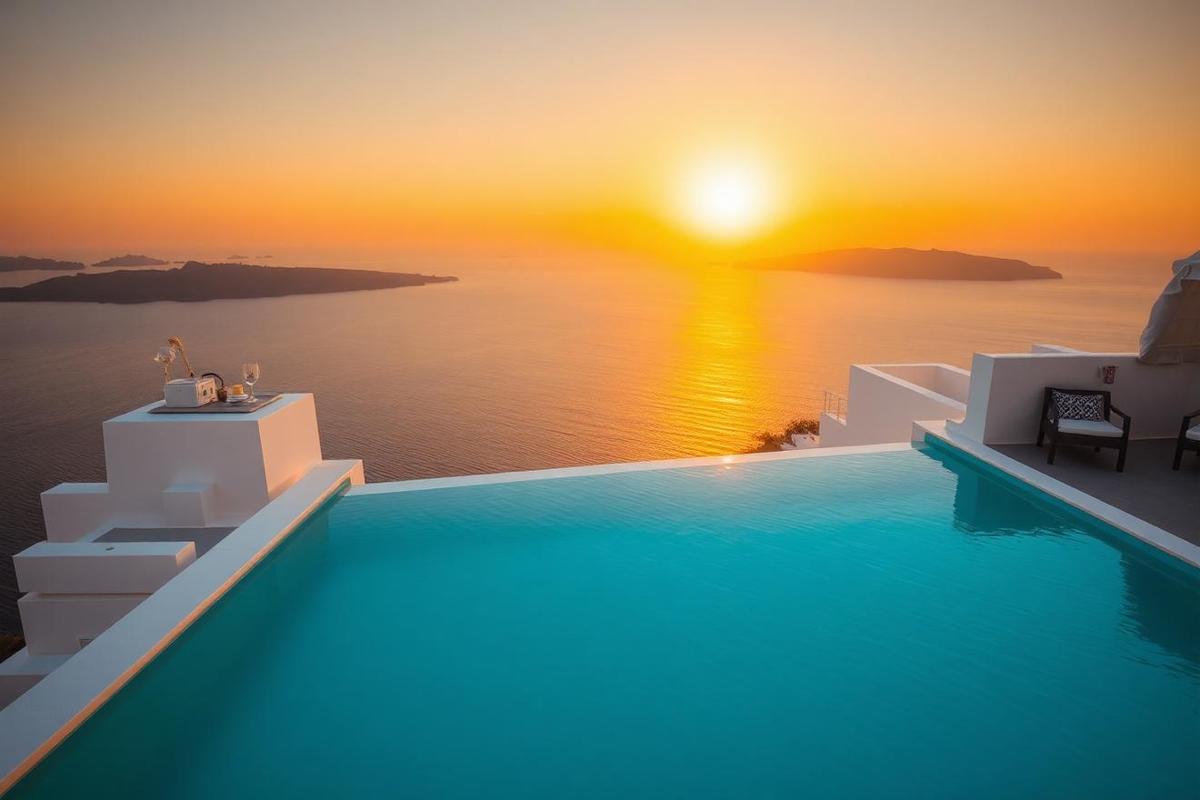 Infinity pool at golden hour on a Santorini-style cliffside estate overlooking the caldera