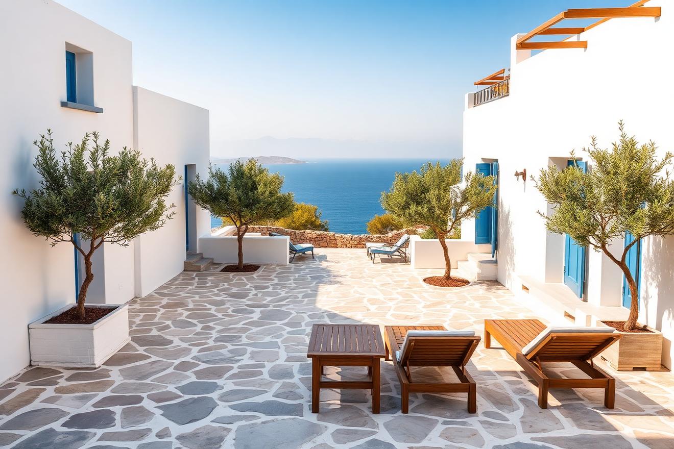 Traditional Greek island courtyard with olive trees and white architecture opening to the Aegean
