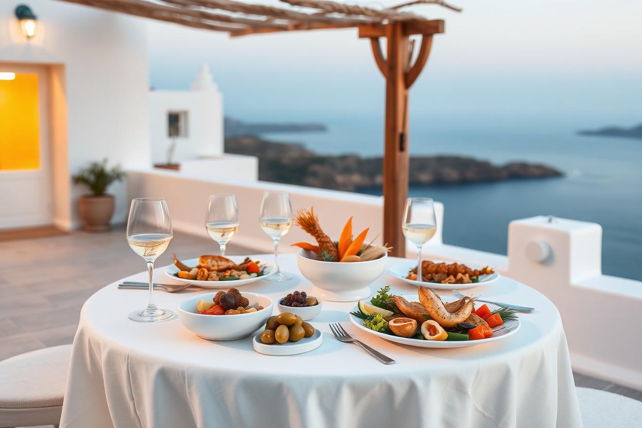 Mediterranean dining terrace on a Greek island overlooking the Aegean Sea at sunset