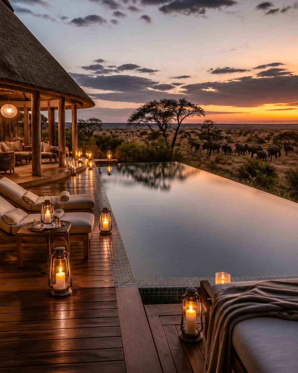 Safari lodge infinity pool overlooking the savanna at dusk