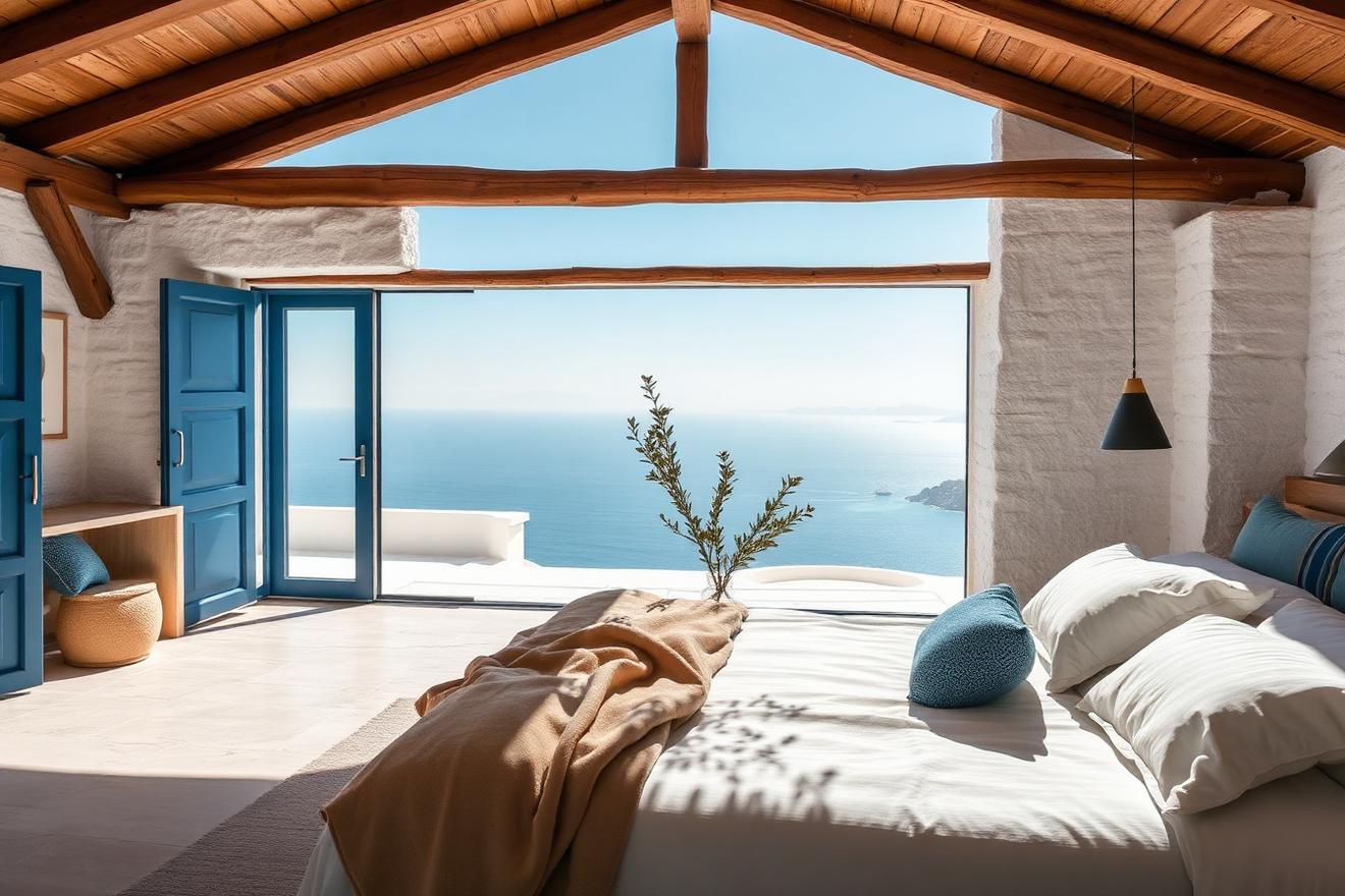 Greek island master suite with floor-to-ceiling windows and Aegean sea views