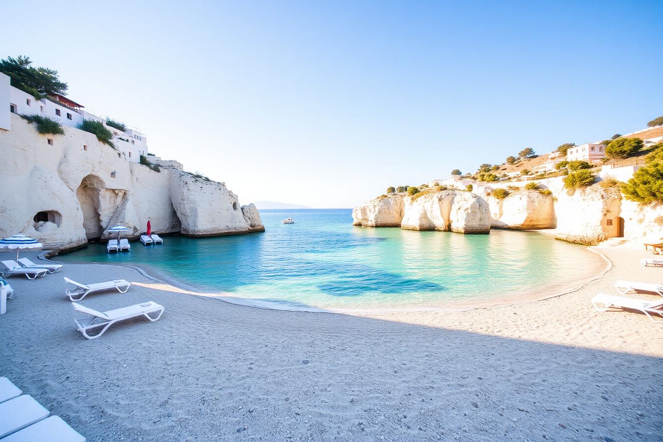 Secluded Greek island beach club with white loungers and turquoise Aegean waters