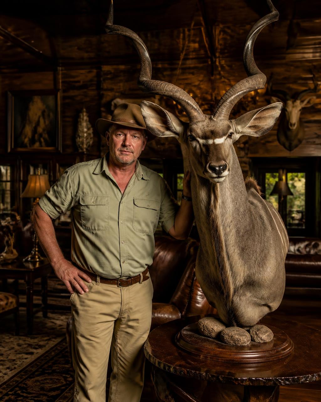 Hunter beside a trophy kudu mount in a rustic luxury African lodge