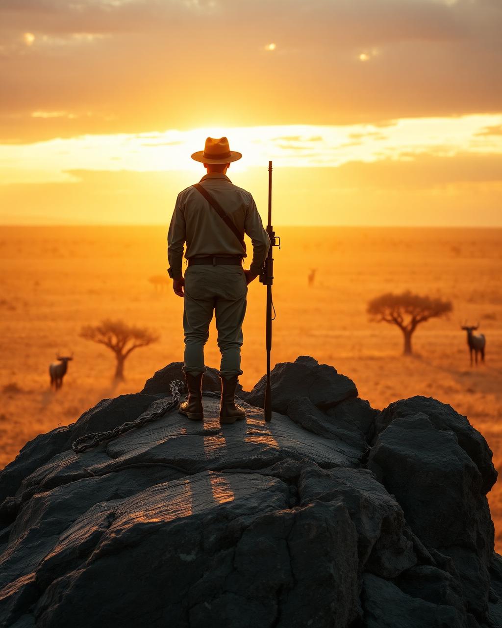 Hunter overlooking the golden African savanna from a rocky outcrop at golden hour
