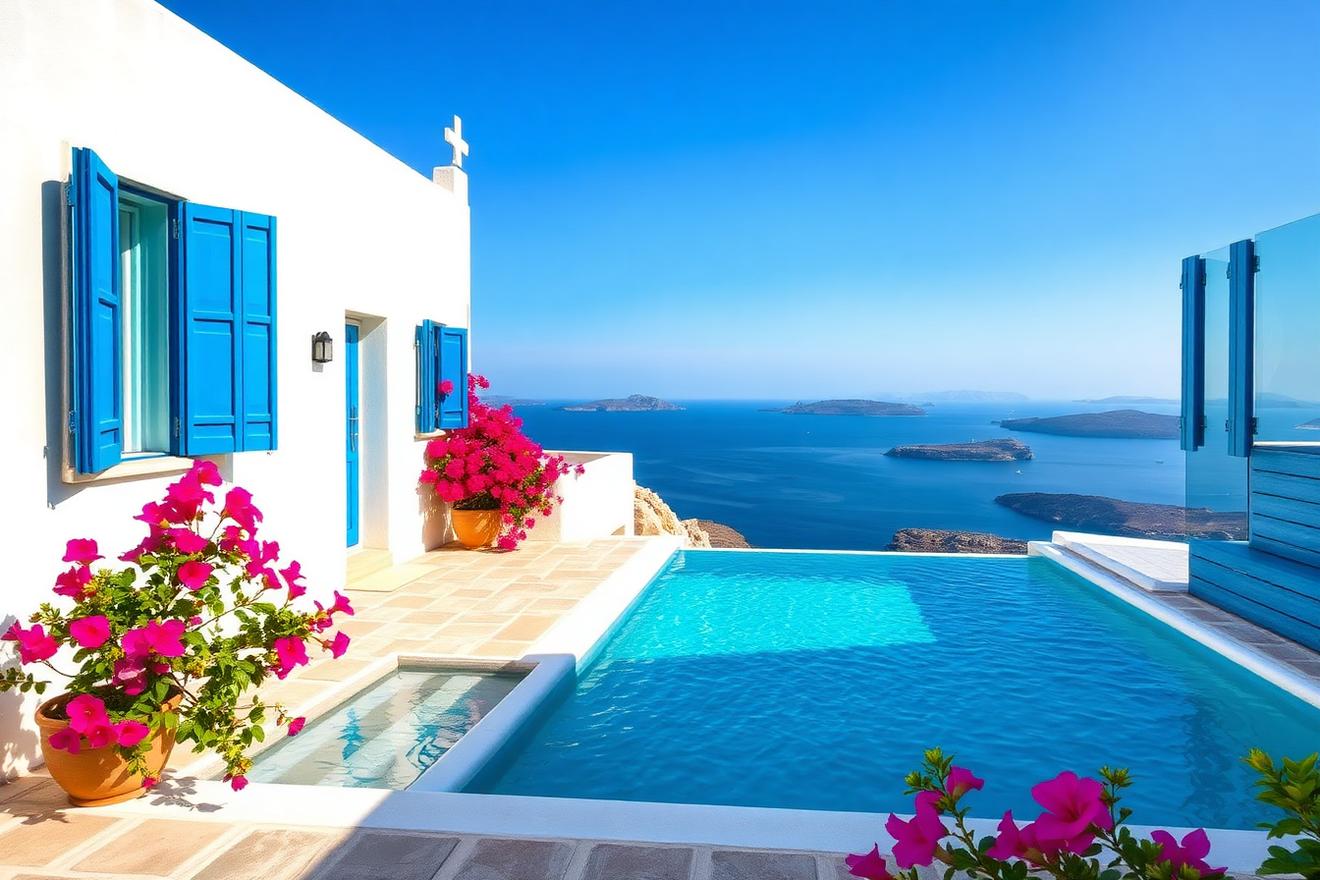 Luxury Greek island villa with infinity pool overlooking the Aegean and distant Cycladic islands