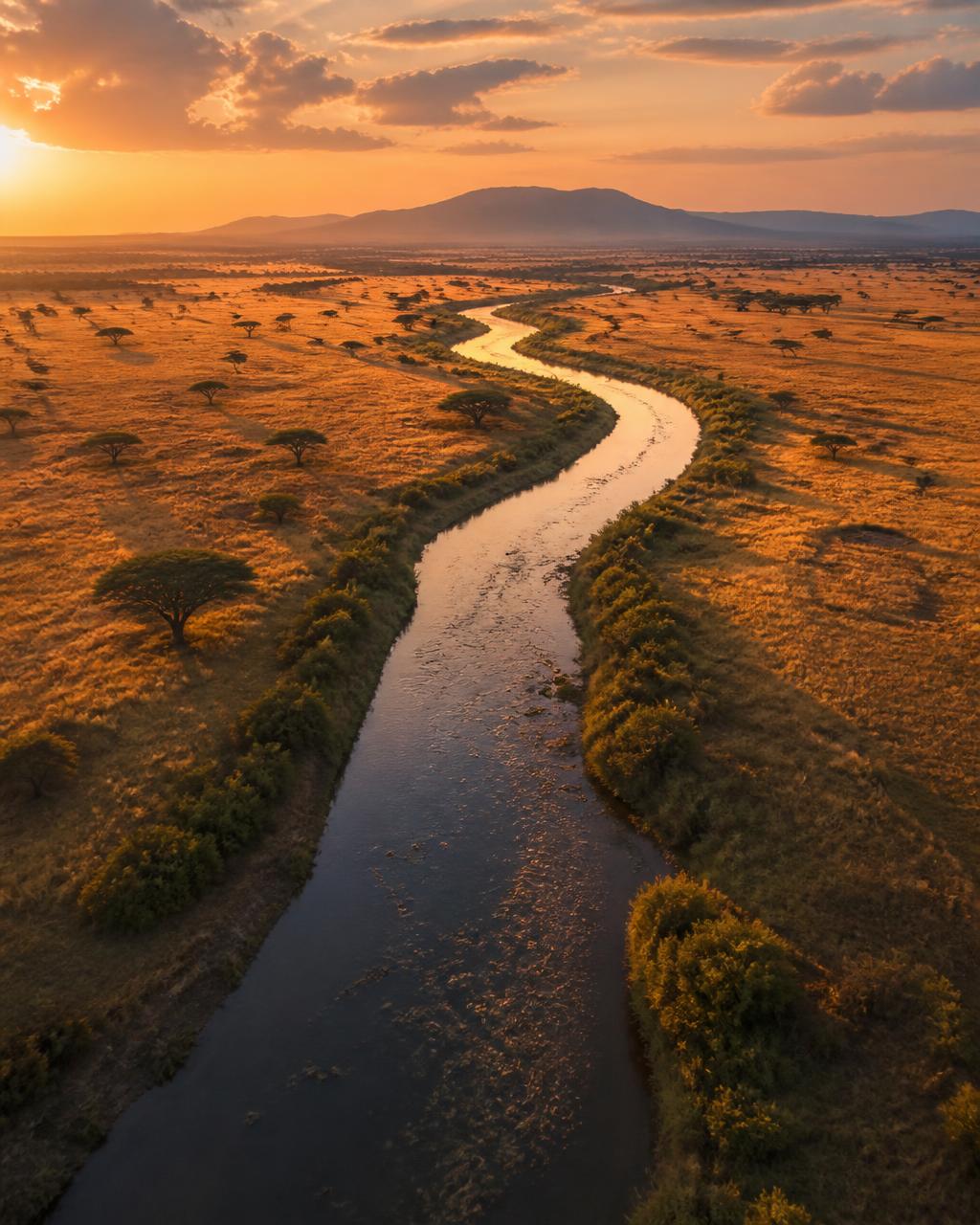 Aerial view of a winding river through golden African savanna at sunset