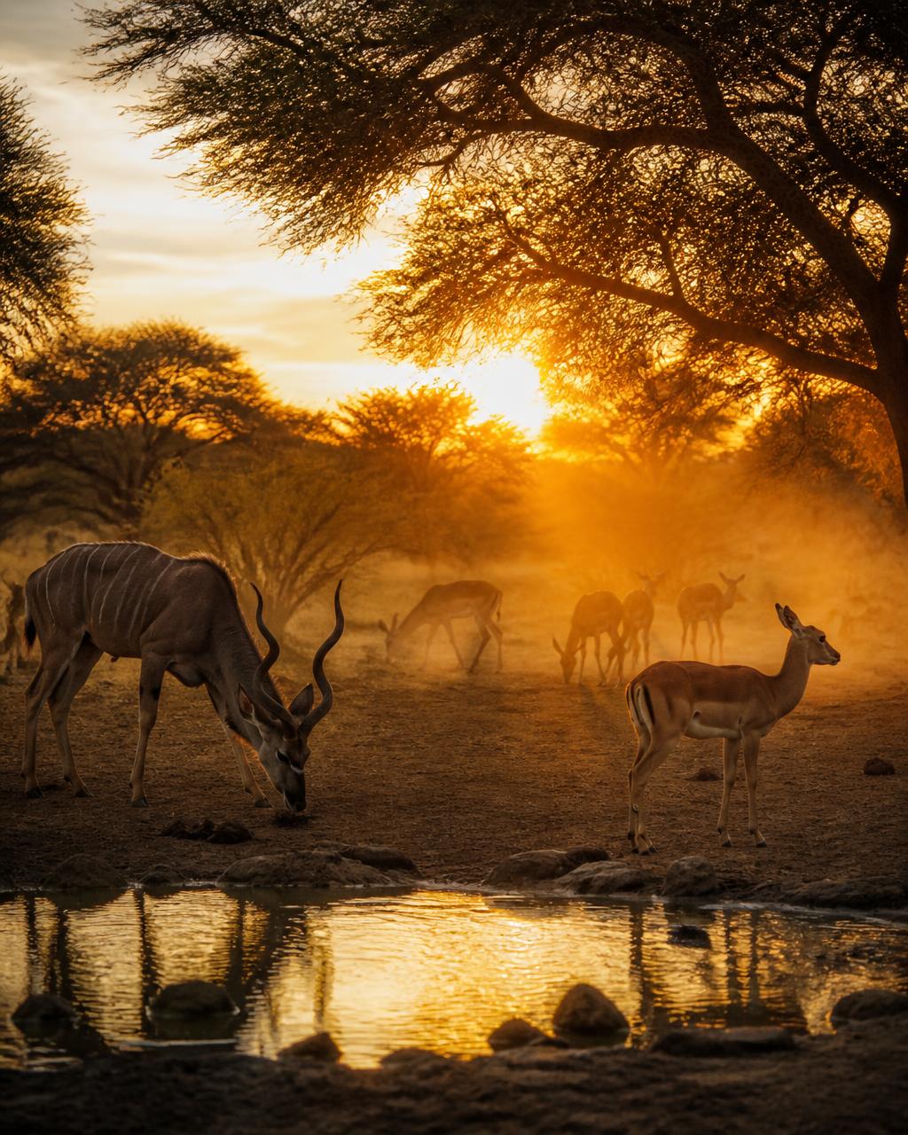 African plains wildlife grazing near a waterhole at sunset