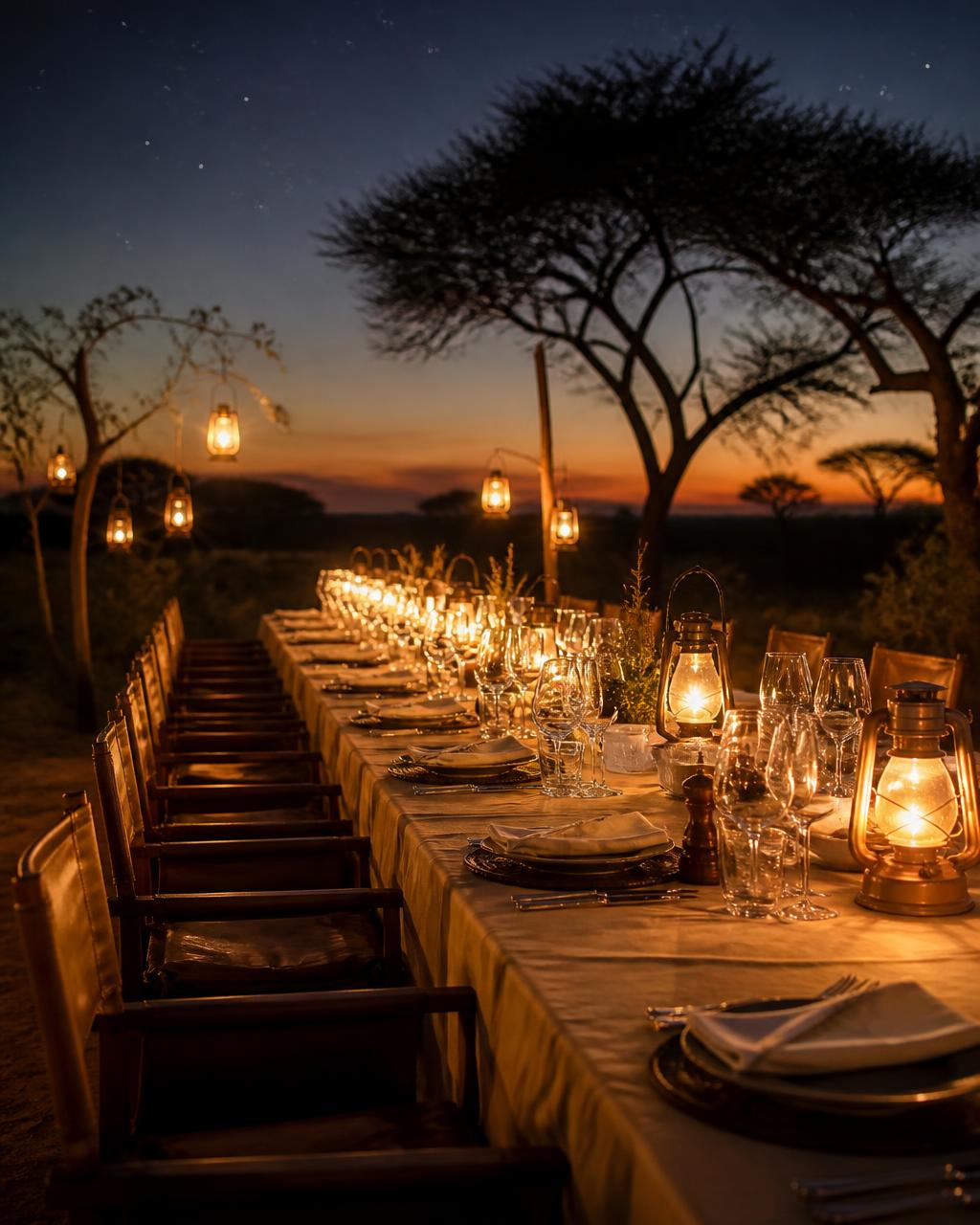 Luxury candlelit safari dining setup under the African stars