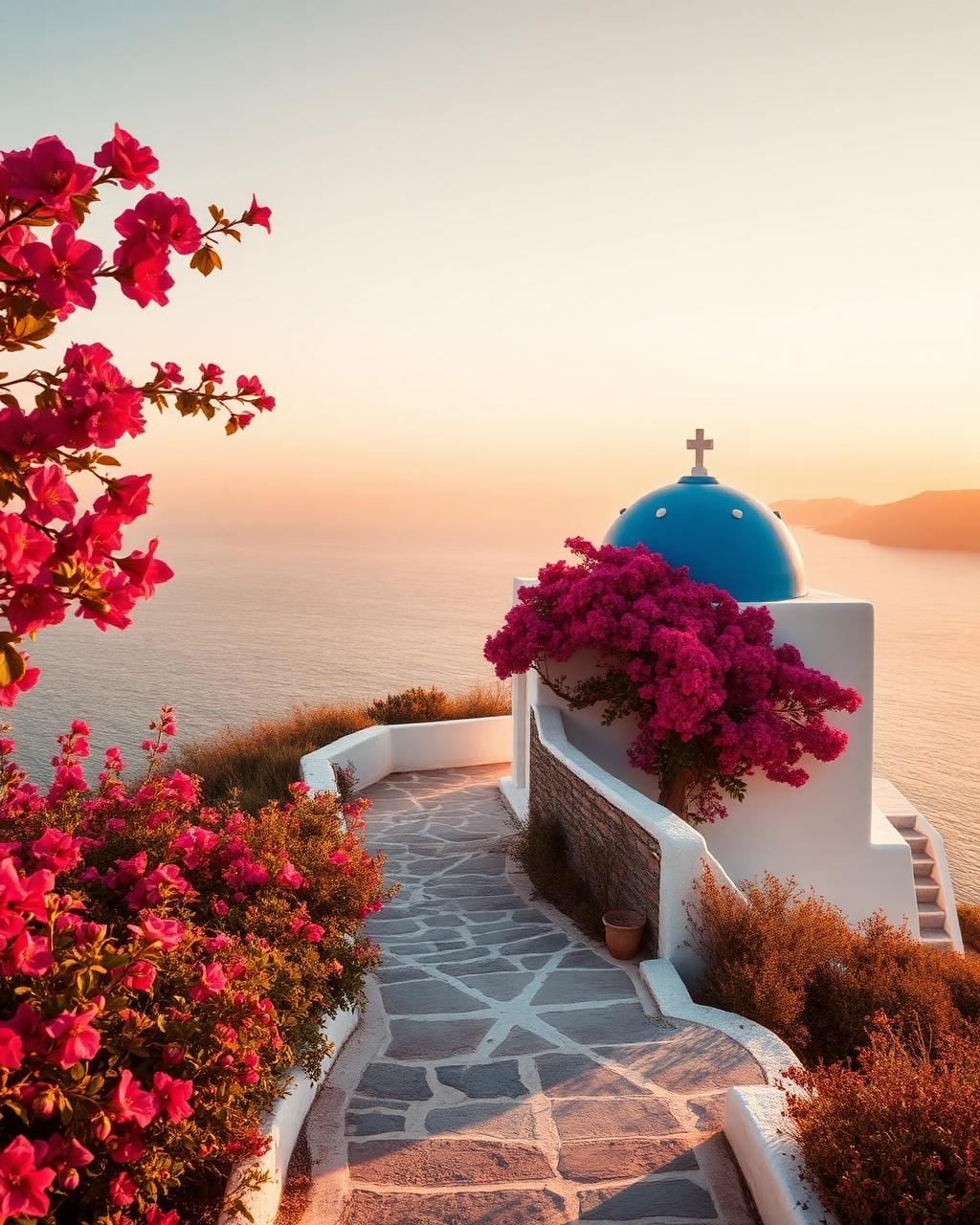 Bougainvillea-lined stone path leading to a whitewashed Cycladic chapel overlooking the Aegean at golden hour
