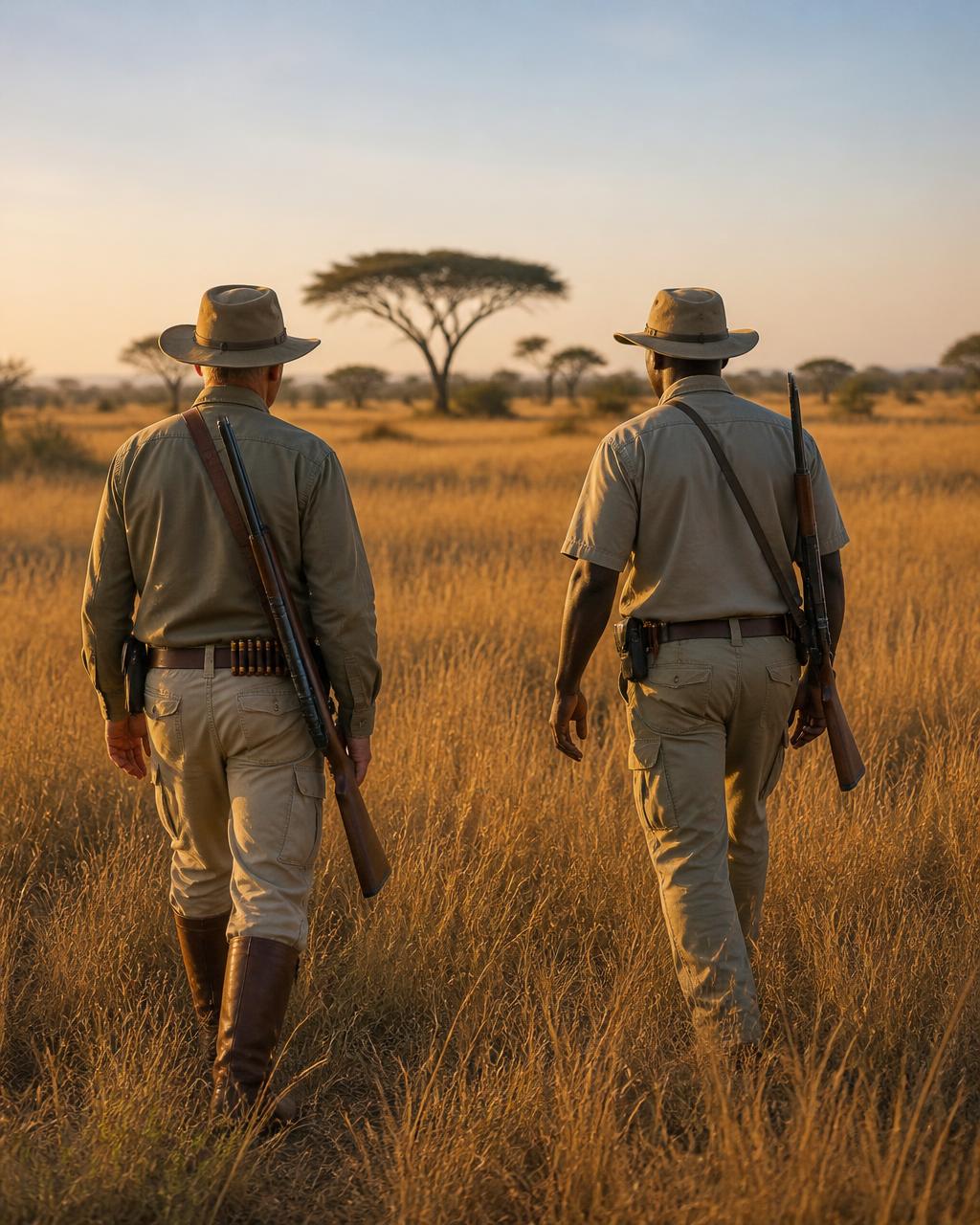 Hunters walking across golden African savanna grassland at sunrise