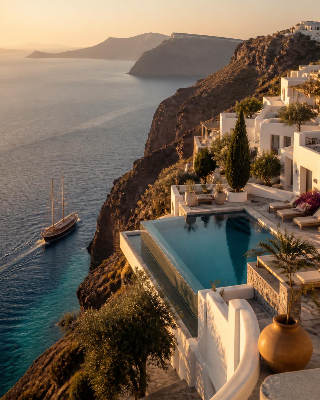 Cinematic golden-hour aerial of a cascading Cycladic cliffside estate with an infinity pool above the Aegean, a wooden sailing yacht below