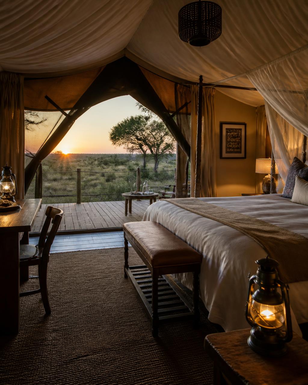 Interior of a luxury African bush lodge tent at dusk
