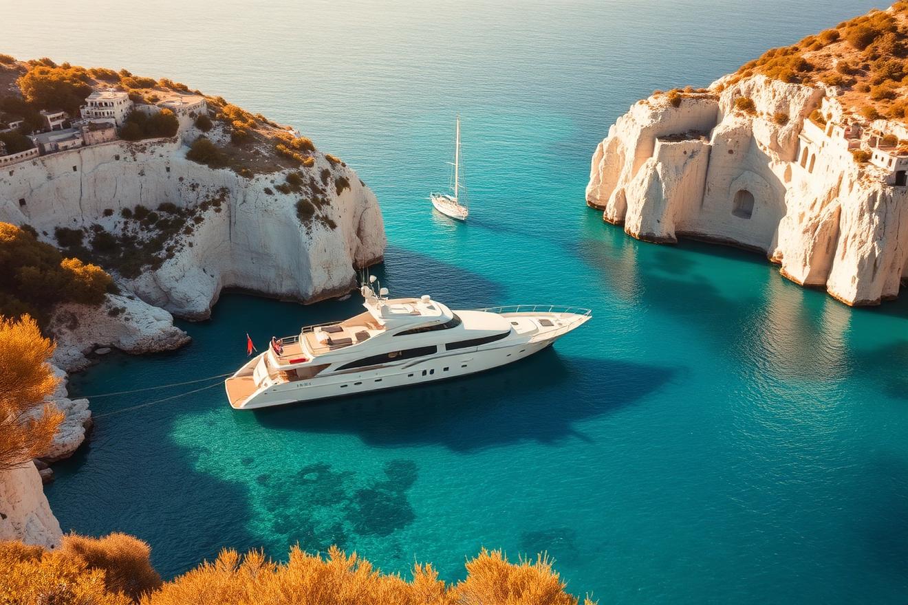 Private yacht anchored in a secluded Greek island cove with crystal-clear turquoise water
