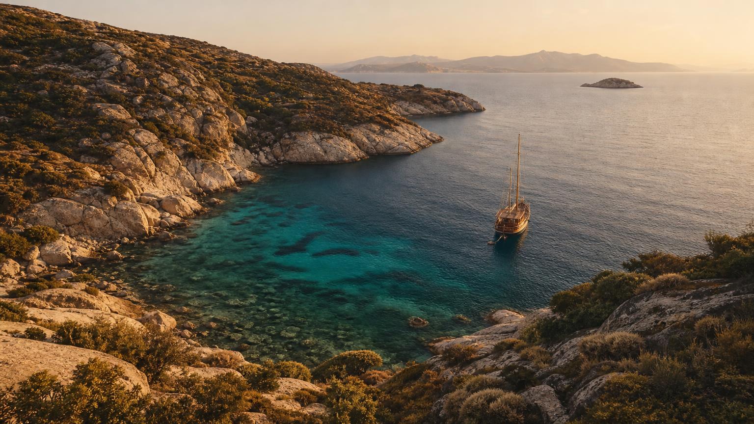 Remote private Greek island with rugged cliffs, hidden turquoise cove and a wooden sailboat at golden hour