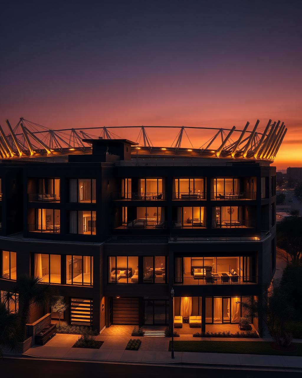 Modern luxury residential development near a premier sports stadium at twilight